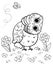 Printable coloring page outline of cute cartoon owl in the clearing with flowers and ladybug. Vector image with forest background