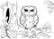 Printable coloring page outline of cute cartoon owl sitting on tree branch near the hollow. Vector image. Coloring book of forest