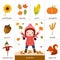 Printable flash card for autumn and little girl playing with aut