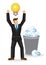 PrintBusinessman finally with a light bulb after rejecting other light bulbs in the trash bin. Concept of innovation or idea