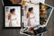 Printed wedding photos with the bride, a vintage black camera and a black tablet with a picture of bride