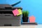 Printer, copier, scanner on color background . Office table - Image