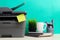 Printer, copier, scanner on color background . Office table - Image