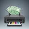 Printer prints money, dollars - business illustrations.