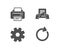 Printer, Service and Receive file icons. Synchronize sign. Printing device, Cogwheel gear, Hold document.