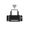 Printer wireless vector icon blank and white or fax printing paper doc pictogram monochrome symbol isolated on white