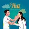 Printhappy Holi Indian festival. Young couple Playing Holi celebration On white dress, poster, banner, wallpaper. vector