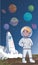 PrintHappy inspired young astronaut in a personal growth concept standing in a space suit in front of a rocket below