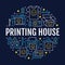 Printing house circle poster with flat line icons. Print shop equipment - printer, scanner, offset machine, plotter