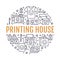 Printing house circle poster with flat line icons. Print shop equipment - printer, scanner, offset machine, plotter