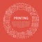 Printing house circle poster with flat line icons. Print shop equipment - printer, scanner, offset machine, plotter