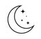 PrintMoon icon. Outline moon with star. Crescent for night. Pictogram symbol for sky, light, sleep and evening. Simple