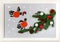 Prints of the hands palms are stylized as bullfinches. Branch of fir tree with cones, red apples and white balls. Handmade picture