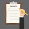 Priority concept illustration with business man hand signing a paper work document on clipboard