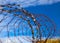 Prison. Barbed wire. Barbed wire on blue sky background with white clouds. Wire boom. Military conflict . Syria.