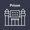 Prison building icon with towers on a black background.