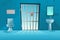 Prison cell interior with lattice, grid door,  toilet bowl, washbasin and broken mirror, dirty walls. Jail room. Cartoon 