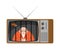 Prison TV news old television. Prisoner Live broadcasting. jailbird broadcasting journalist. jailed Anchorman in tv studio.