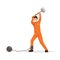 Prisoner breaking shackles flat vector illustration. Man in prison uniform holding huge sledge hammer, trying to break