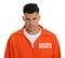 Prisoner in orange jumpsuit on white background