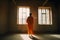 prisoner in orange prison suit in corridor. Neural network AI generated