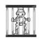 Prisoner robot behind prison bars sketch engraving