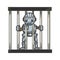 Prisoner robot behind prison bars sketch engraving