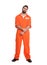 Prisoner in special jumpsuit on white background