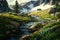 pristine alpine meadow with a babbling brook and waterfall