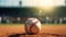 a pristine baseball resting on the infield grass, highlighting the details of the baseball's stitching and texture