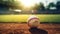 a pristine baseball resting on the infield grass, highlighting the details of the baseball's stitching and texture