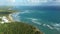 Pristine and bounty tropical shore with coconut palm trees and azure Caribbean sea. Beautiful landscape. Aerial view