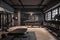 A pristine home gym with gleaming silver weight benches, dumbbells, an elliptical machine and punching bag against a background of