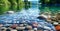 Pristine river flowing over a bed of smooth stones, a calming and minimalist nature scene.