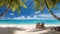 Pristine Tropical Beach Scene: Sunbeds Under Tropical Palm Trees Where White Sand Meets Azure Sea. Generative Ai.