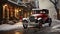 Pristine Vintage Car Parked Outside The Festively Christmas Decorated Shops. Generative AI