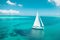A pristine, white sailboat gliding on a calm, turquoise ocean