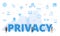 privacy concept with big words and people surrounded by related icon with blue color style