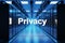 Privacy logo in large modern data center with multiple rows of network internet server racks, 3D Illustration