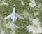 Private airplane fly over the forest with clouds. top view