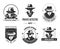 Private detective promotional monochrome emblems with man in hat and classic coat.