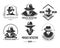 Private detective promotional monochrome emblems with man in hat and classic coat.