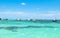 Private fishing boats in blue ocean water, Panoramic view.