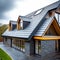 Private house covered with metal tiles grey slate roof concept
