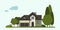 Private house design with trees. Vector illustration. Houses exterior front view with roof, windows