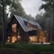 Private house in the style of a barn house with large windows near the forest. Architecture, landscape