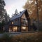 Private house in the style of a barn house with large windows near the forest. Architecture, landscape