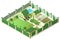 Private house yard with plot of land behind high fence. Isometric 3d illustration