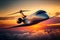 Private jet flying at sunset. Created with Generative AI technology