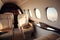 Private jet interior features plush leather seats, spacious cabin, large windows, high-end finishes, and a table.